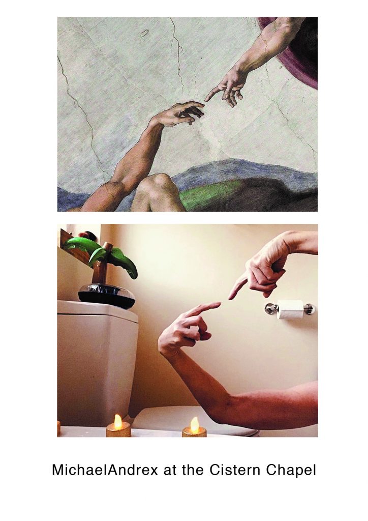 STOPM_2020_545e: two images - top is a close-up image of the hands which feature in the Fresco painting The Creation of Adam by Michelangelo, and the bottom image is Valerie's version, taken in the bathroom at the toilet, with each hand pointing towards each other. Text underneath says 'MichaelAndrex at the Cistern Chapel'.