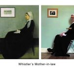 STOPM_2020_545i: two images - left is a cropped version of Whistler's Mother, a painting by James Abbott McNeill Whistler. This shows the side profile of a woman sat on a chair. the right image is Valerie's version, sat on a folding chair, with a rolling pin under the arm and wearing similar black dress with white head covering. Text underneath says 'Whistler's Mother-in-law'.  Thumbnail